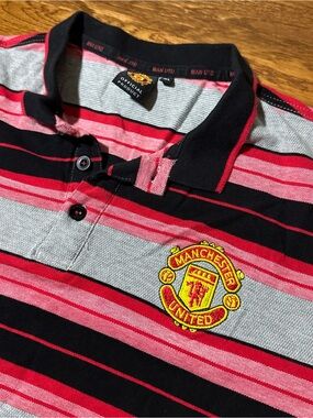 Manchester United Official Merchandise Polo Shirt Grey Striped XL Mens